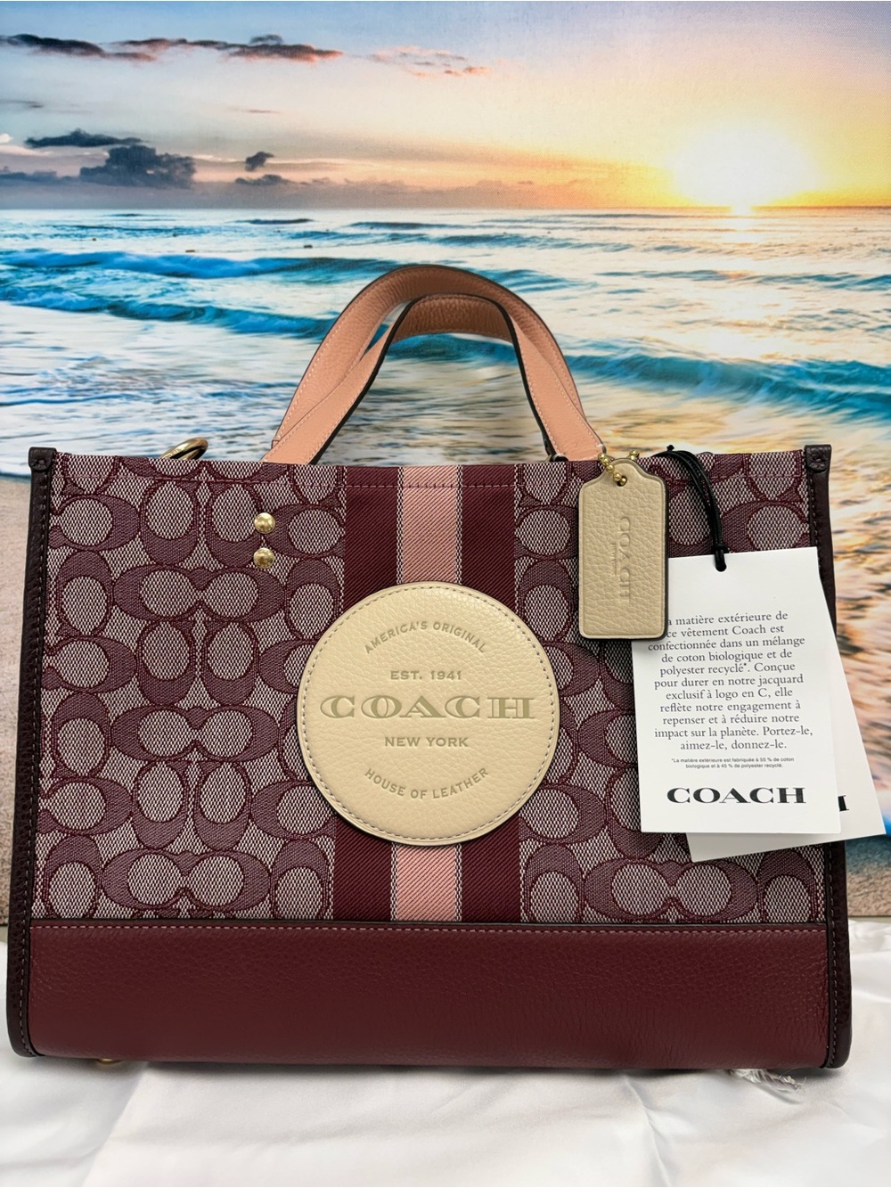 NWT Coach Dempsey Carryall C8448 Signature Jacquard Stripe Patch Wine